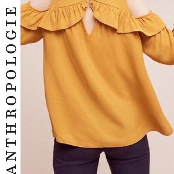 Anthropologie Maeve Brearly Open Shoulder Top Ruffle Blouse Yellow Boho 4 - Picture 4 of 13